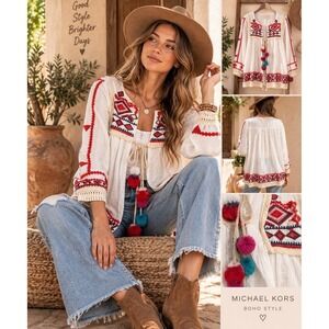 Michael Kors Boho Embroidered Cotton Tunic Top L White Pom Pom Tassel NWT